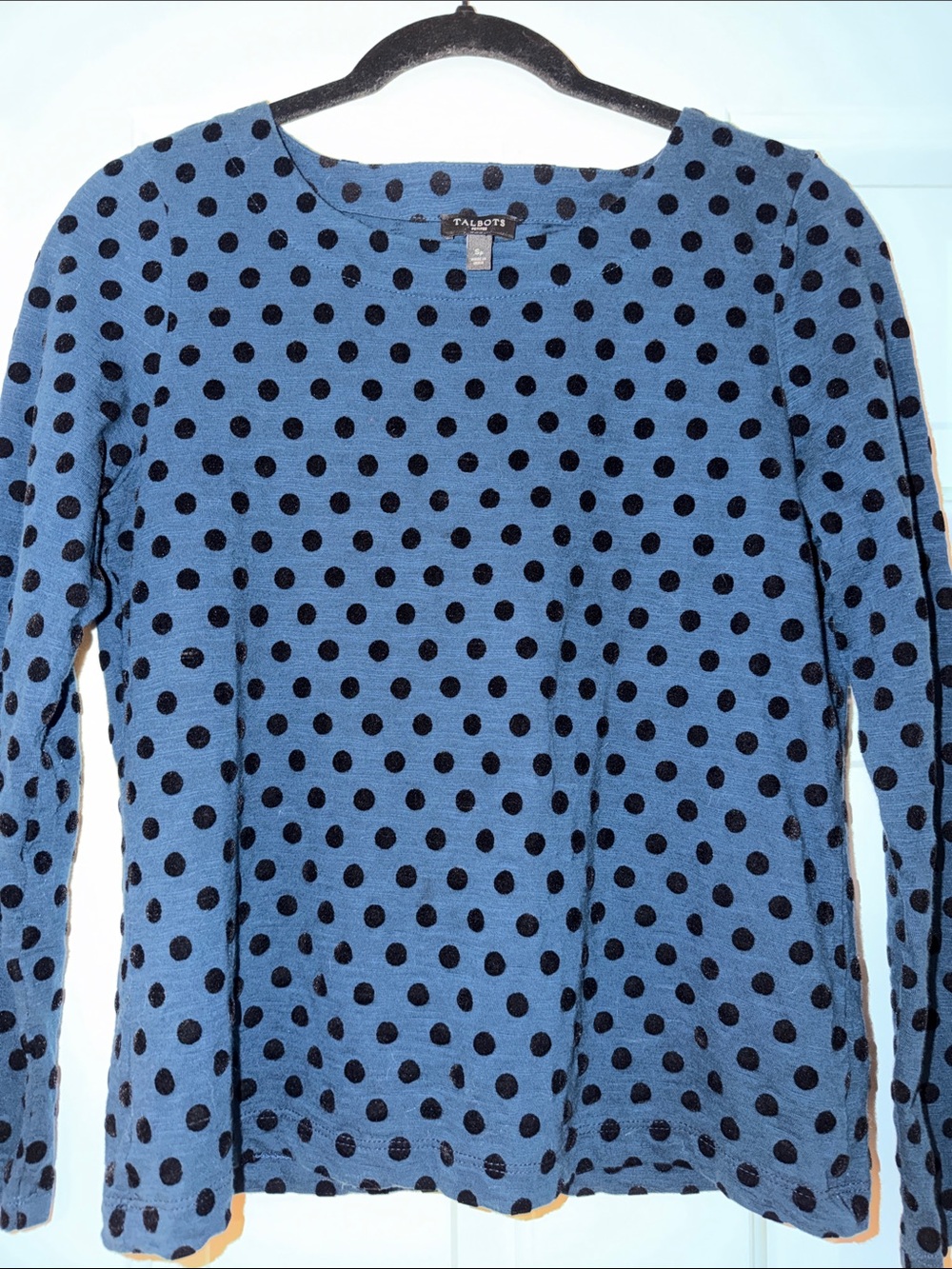 Talbots Blue Crewneck Long-Sleeve Polka Dot Top